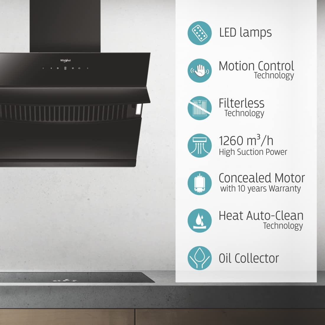 Whirlpool 60 cm 1260 m³/HR Auto-Clean Angular Kitchen Chimney (VFL 601 HAC HOOD, Filterless Technology, Touch Control, Black)