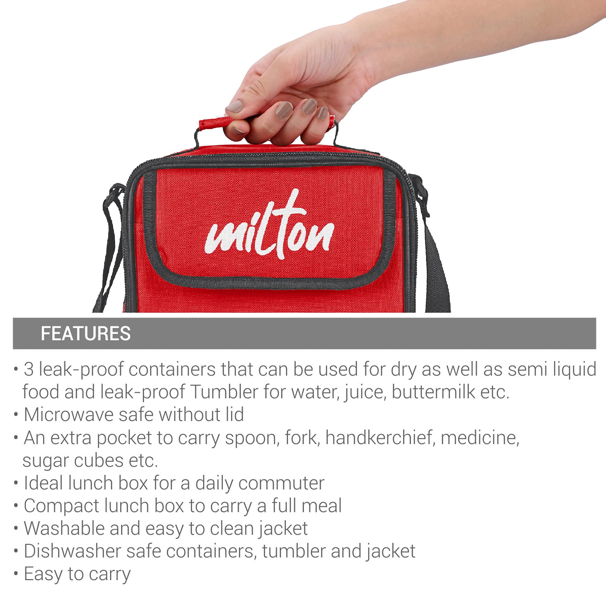 MILTON New Meal Combi Lunch Box, 3 Containers, 280 ml Each and 1 Tumbler, 400 ml, Red | Food Grade | Light Weight | Dishwasher Safe | Microwave Safe | Easy to Carry | Leak Proof | BPA Free