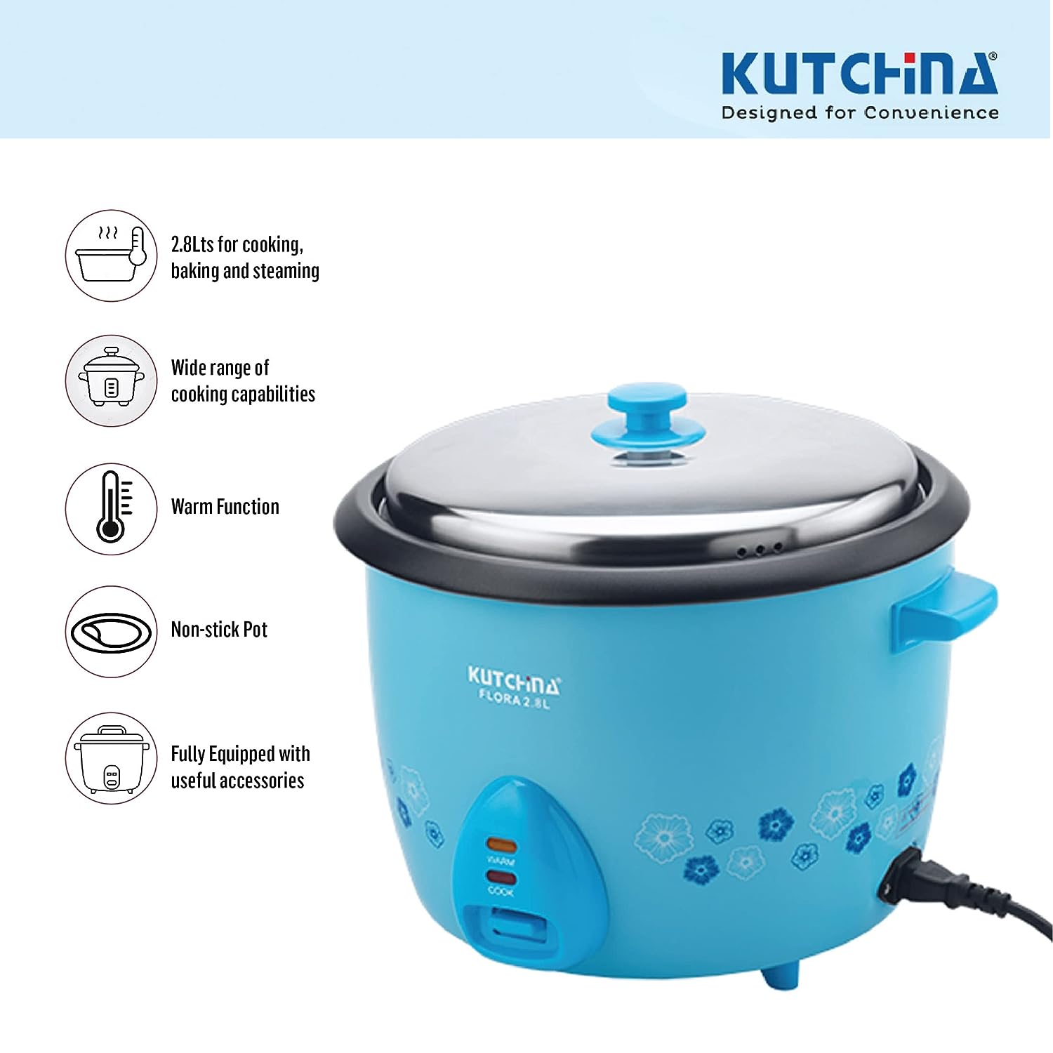 Kutchina Flora Electric Rice Cooker 2.8 Litre 1000 W with Non Stick inner pot and detachable power cord