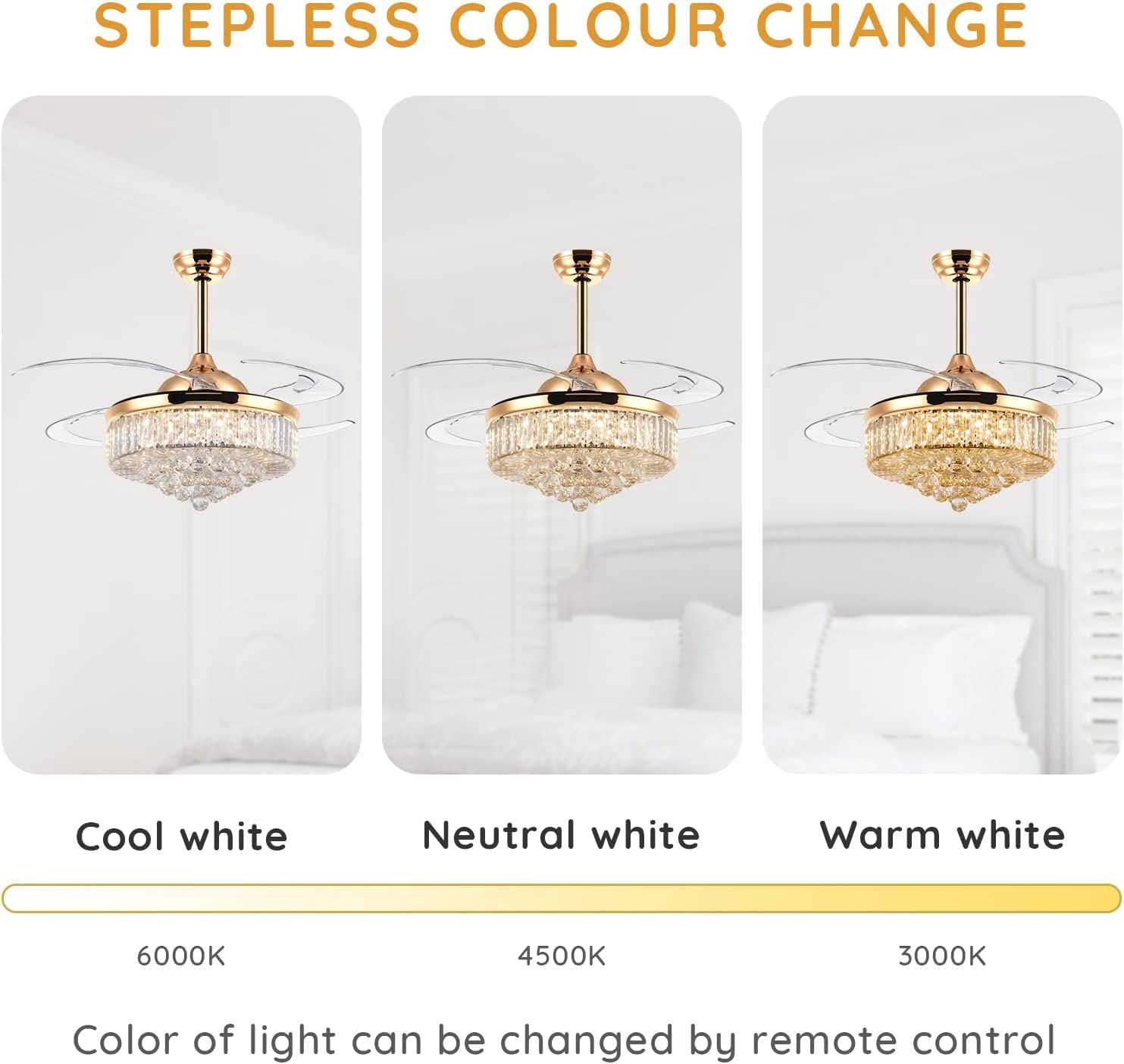 oltao Picola Gold Chandelier Fan with BLDC Motor, LED Light, Noiseless Retractable Blade, Summer/Winter mode And Remote
