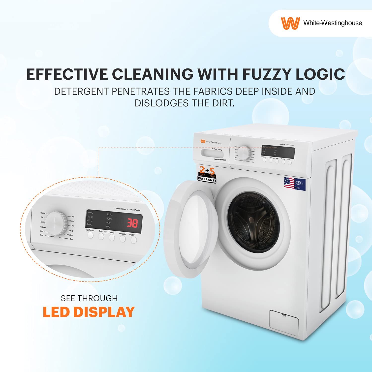White Westinghouse 10.5kg Ultra Smart dry Fully Automatic Front Load with In-Built Heater Washing Machine, Large (HDF1050/ WHITE/In Built Heater)