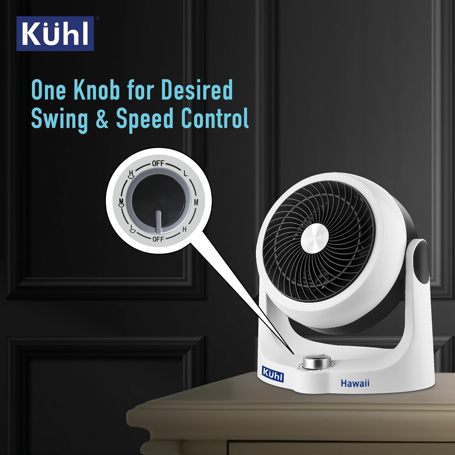 KUHL Hawaii Desktop Fan 165MM|Tilt & Swivel Mechanism|70° Tilt Head|3 Winds Mode|Speed & Swing Control|High Air Flow & Low Noise