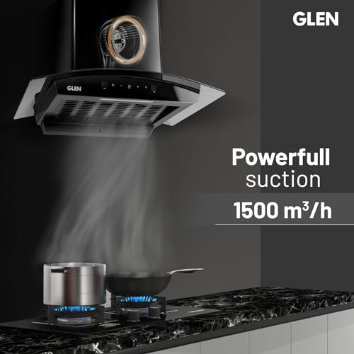 GLEN 60 cm 1500m3/hr Auto-Clean Filterless Curved Glass Kitchen Chimney With Motion Sensor+Touch Controls (Senza Turbo Black)