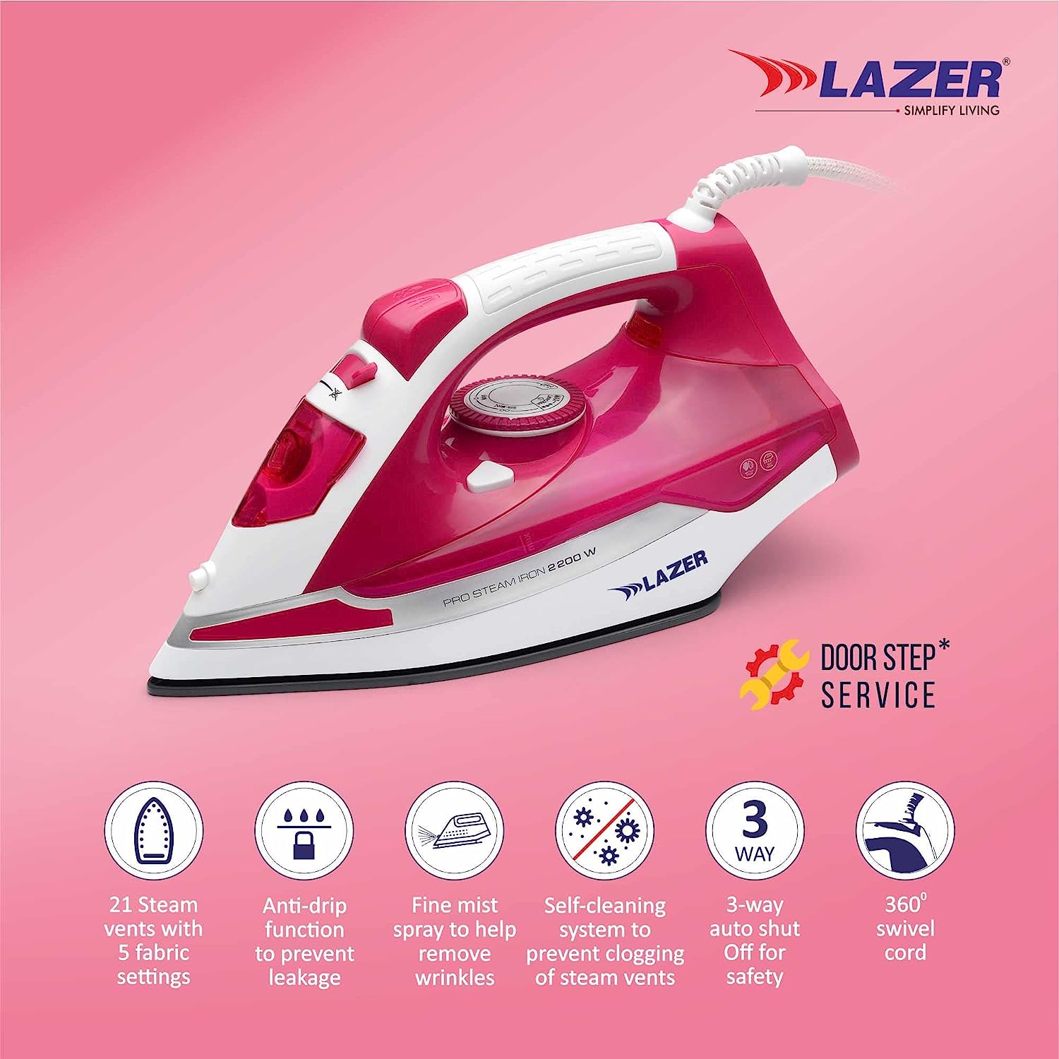 Lazer Imperial 2200W With Power Full Steam Burst, Scratch Resistant Durable Creamic Soleplate Steam Iron (Pink)