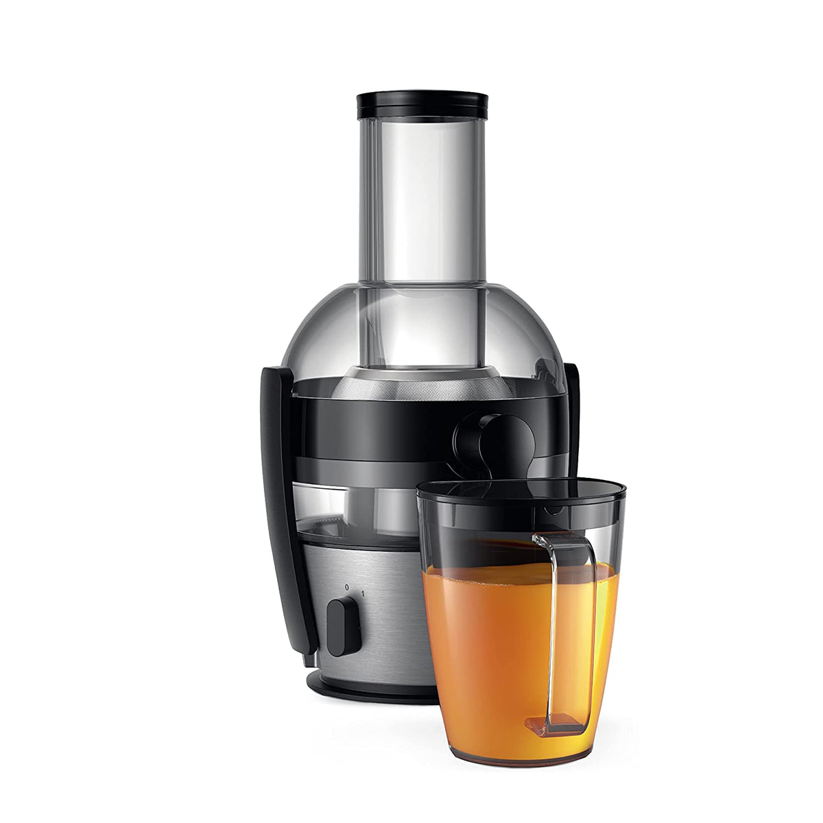 Philips HR1863/20 Viva Collection juicer in black and silver with a jug of orange juice beside it