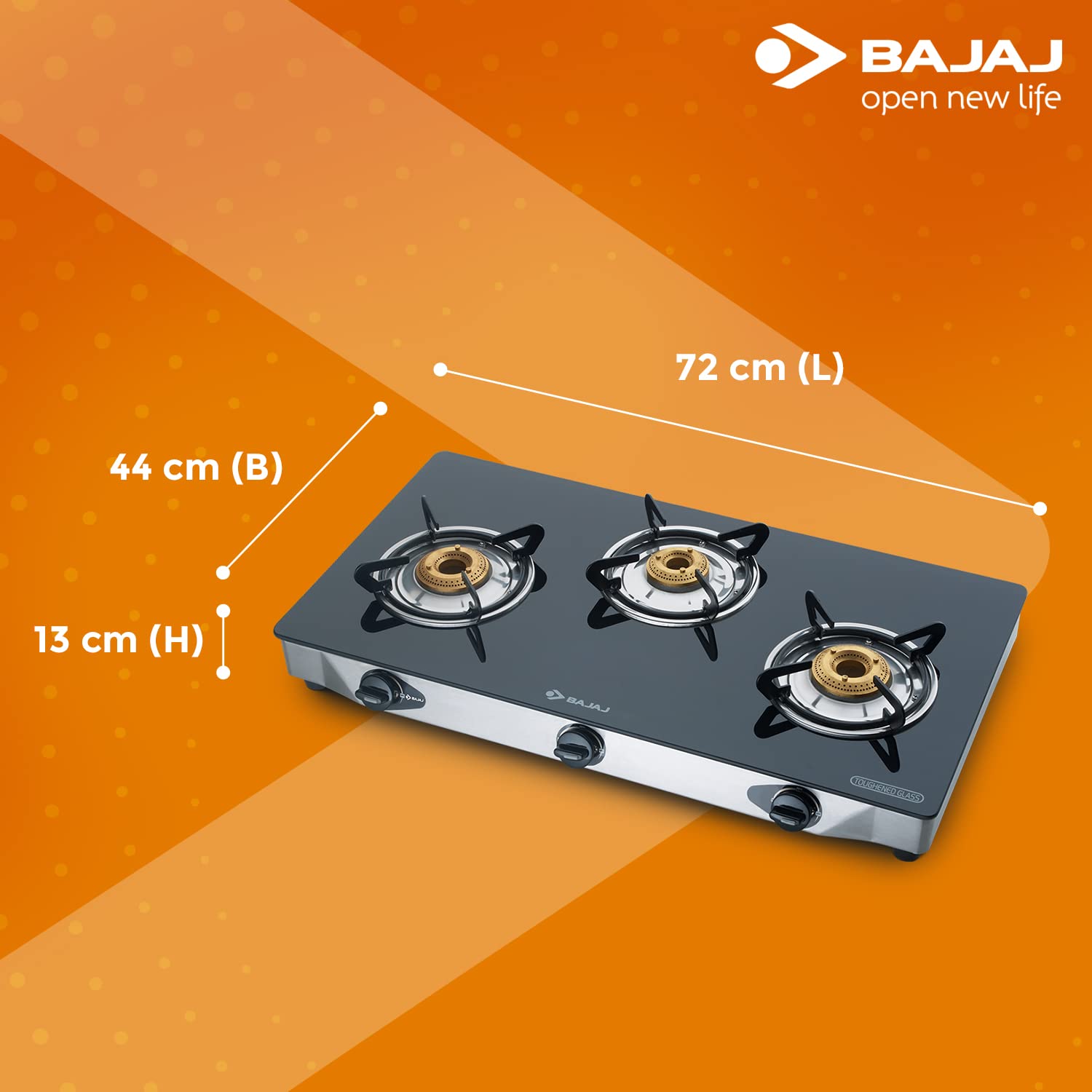 Bajaj CGX3, 3-Burner Open Stainless Steel Glass, ISI Certified, Gas Stove (Black, Manual Ignition)