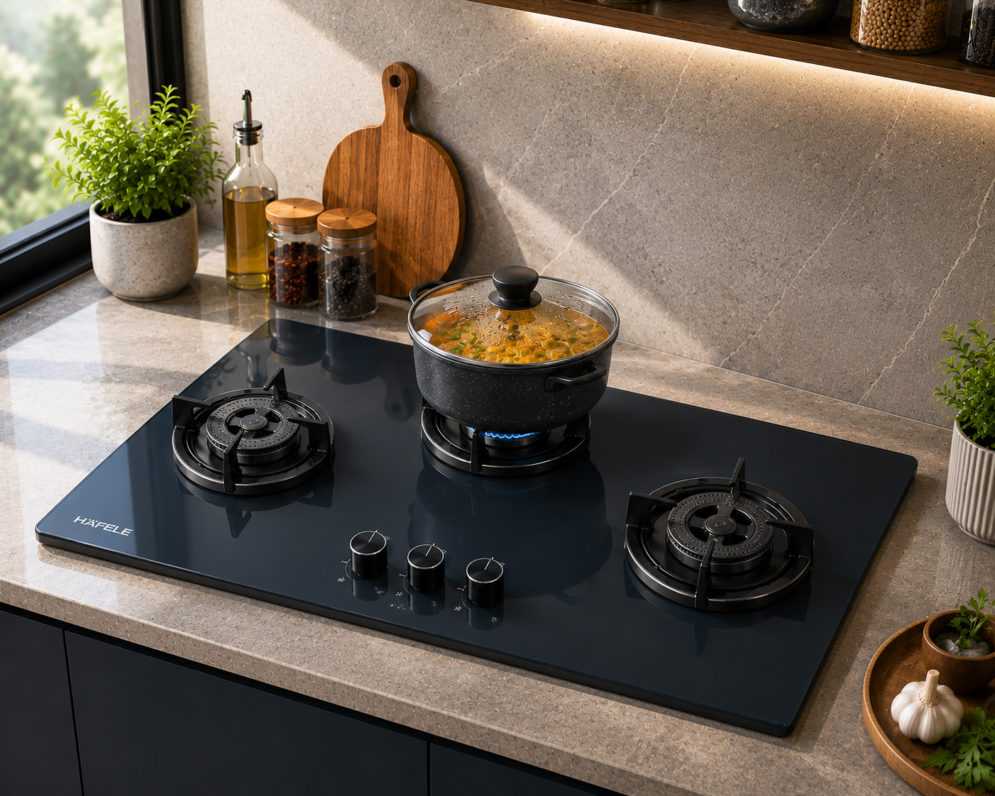 Hafele KALLISTO 378 78cm 3 Burner Built-in Gas Hob | Shadowstone Finish