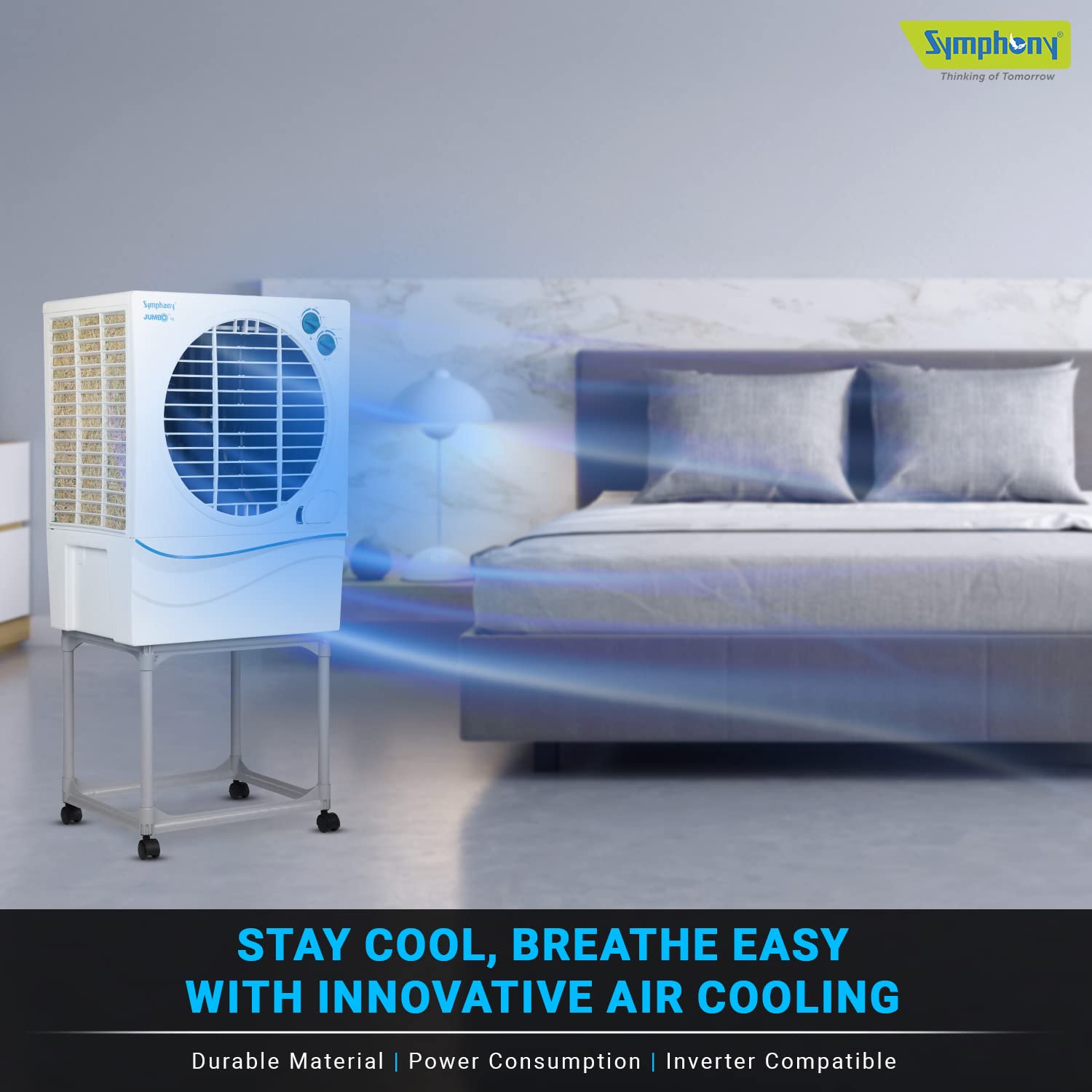 Symphony Jumbo 41 Desert Air Cooler for Home with Aspen Pads, Powerful Fan, Cool Flow Dispenser and Free Trolley (41L, White)