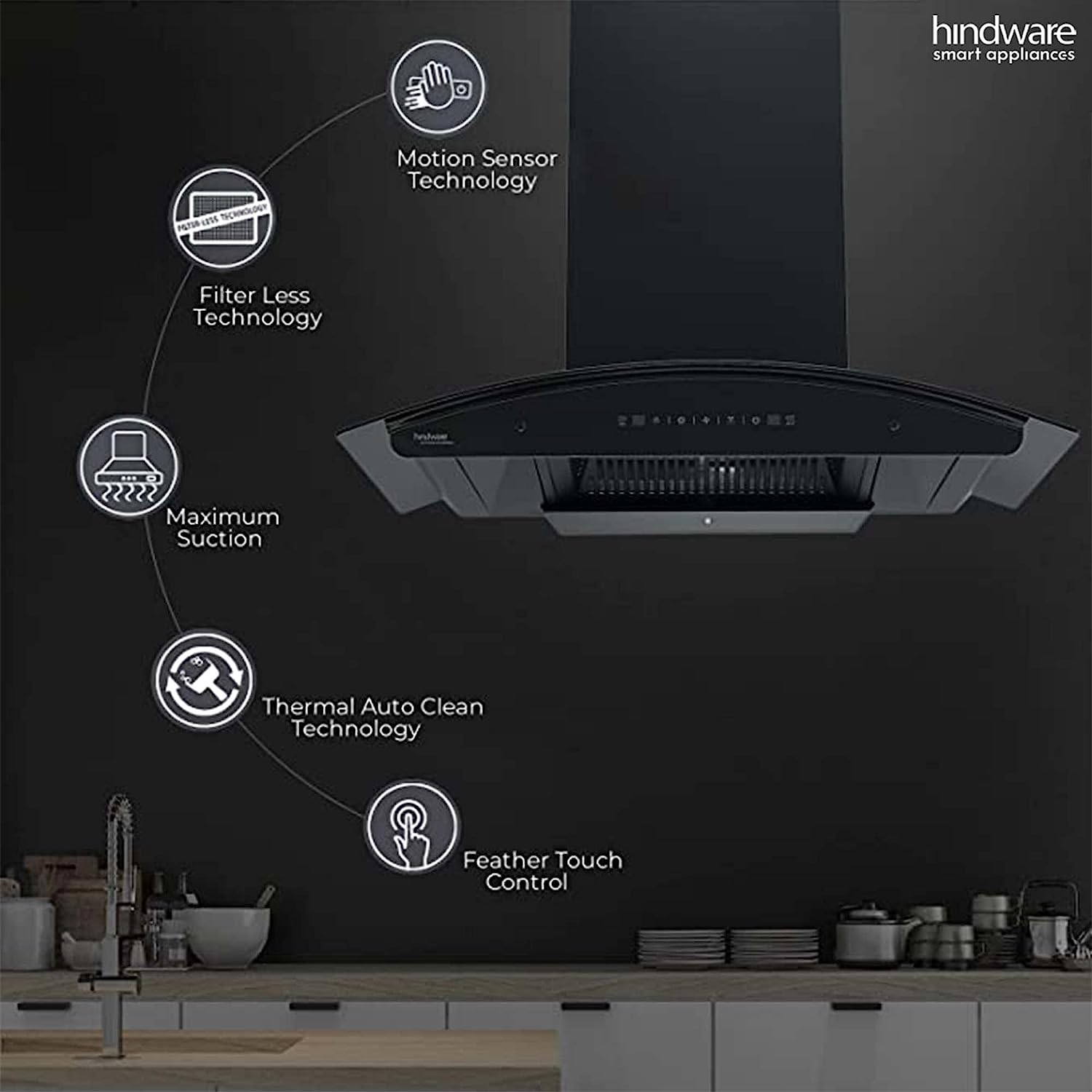 Hindware Nadia 60 cm 1200 m/hr Filterless Auto-Clean Kitchen Chimney with MS and Touch Control (Black, C100220)