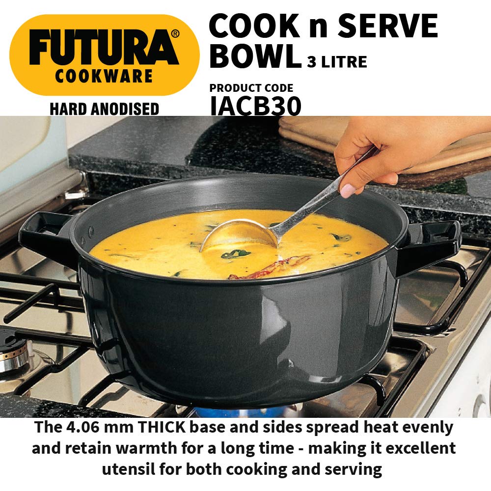 Hawkins Futura 3 Litre Cook n Serve Bowl, Hard Anodised Saucepan with Hard Anodised Lid, Induction Pan, Sauce Pan for Cooking and Serving, Black (IACB30) (Aluminium)