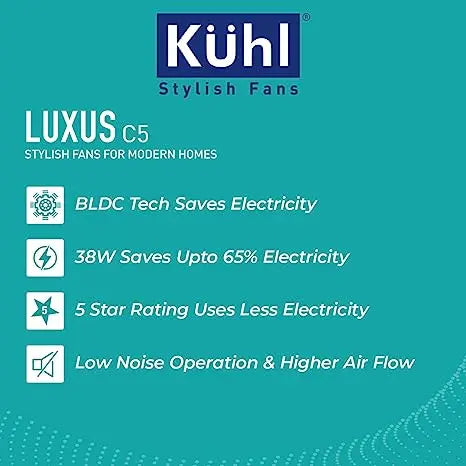 KUHL Luxus C5 Stylish BLDC Fan|Low Power 38W|High Air Flow |5 Aerodynamic ABS Blades|Low Noise |Night & Down Light |IoT Enabled |Operate Via Remote-Mobile-Alexa | Reverse Mode |5-Star Rated |White