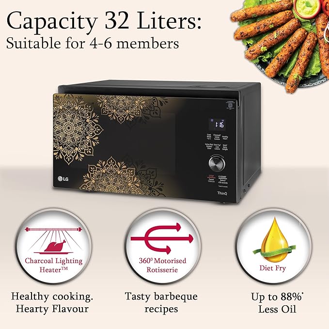 LG 32L Wi-Fi Charcoal Convection Microwave (MJEN326UIW) with Scan to Cook, Heart-Friendly Recipes & 360° Rotisserie - Black Regal Pattern