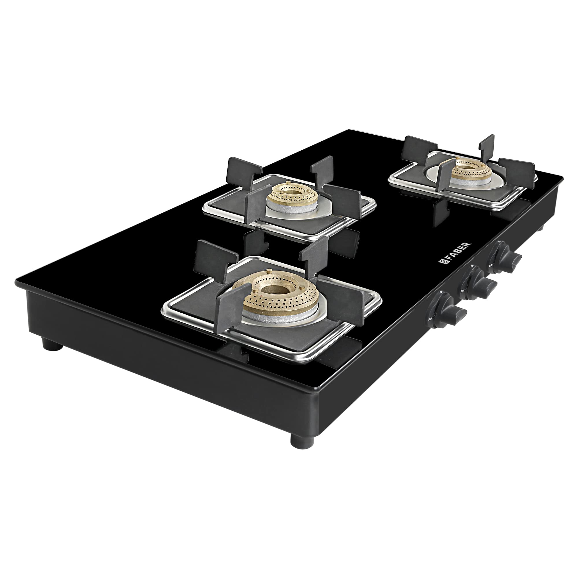 Faber Glass Top 3 Burner Gas Stove (Hob Cooktop Pearl 3BB BK) with Jumbo Burner, Diamond Coated Pan Support, Manual Ignition, Black