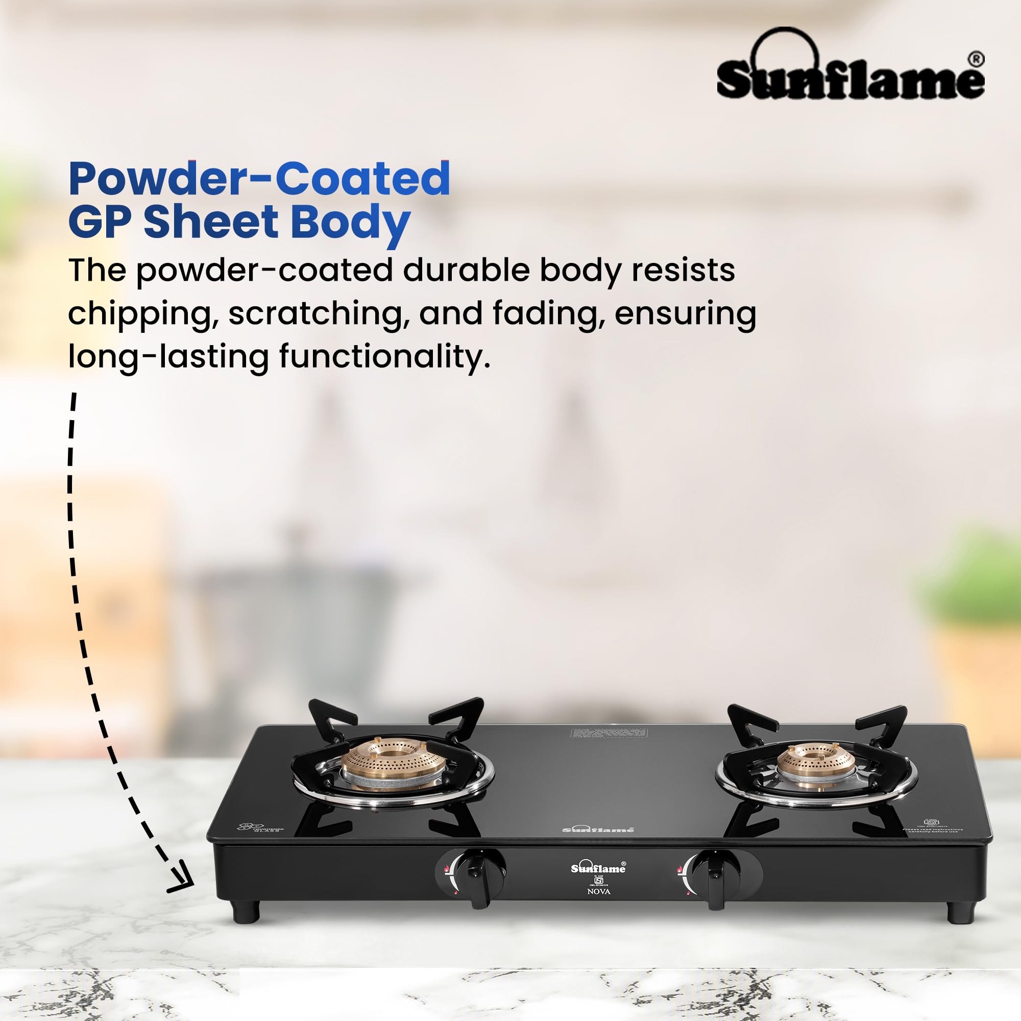 Sunflame Crystal Nova 2 Burner Gas Stove | Dual Drip Trays | 1 Jumbo and 1 Small Brass Burners | 2 Years Product Coverage by Sunflame | Manual Ignition | Toughened Glass Top
