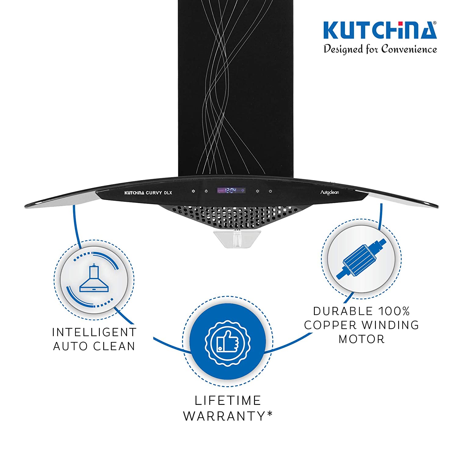 Kutchina kitchen chimney Curvy dlx 60 cm a chimni for kitchen autoclean function and a chimney with 60 cm autoclean technology with 1200 suction capacity.