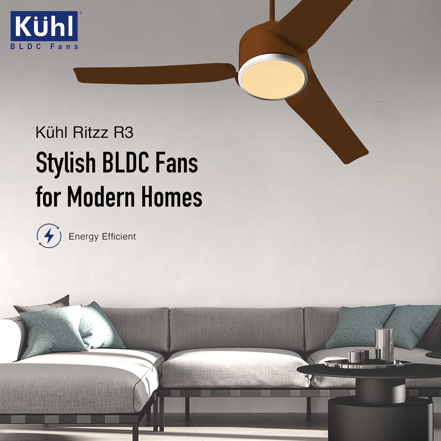 KUHL Ritzz R3 1320mm BLDC Ceiling Fan - 65% Power Saving, BEE 5 Star & ISI Marked, High Air Flow, IoT & Alexa Compatible - Brown