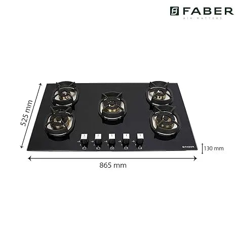 Faber Mild Steel Hobtop Nexus Ht905 Crs Br Ci 5 Brass Burner Auto Electric Ignition Glass Top (Black)