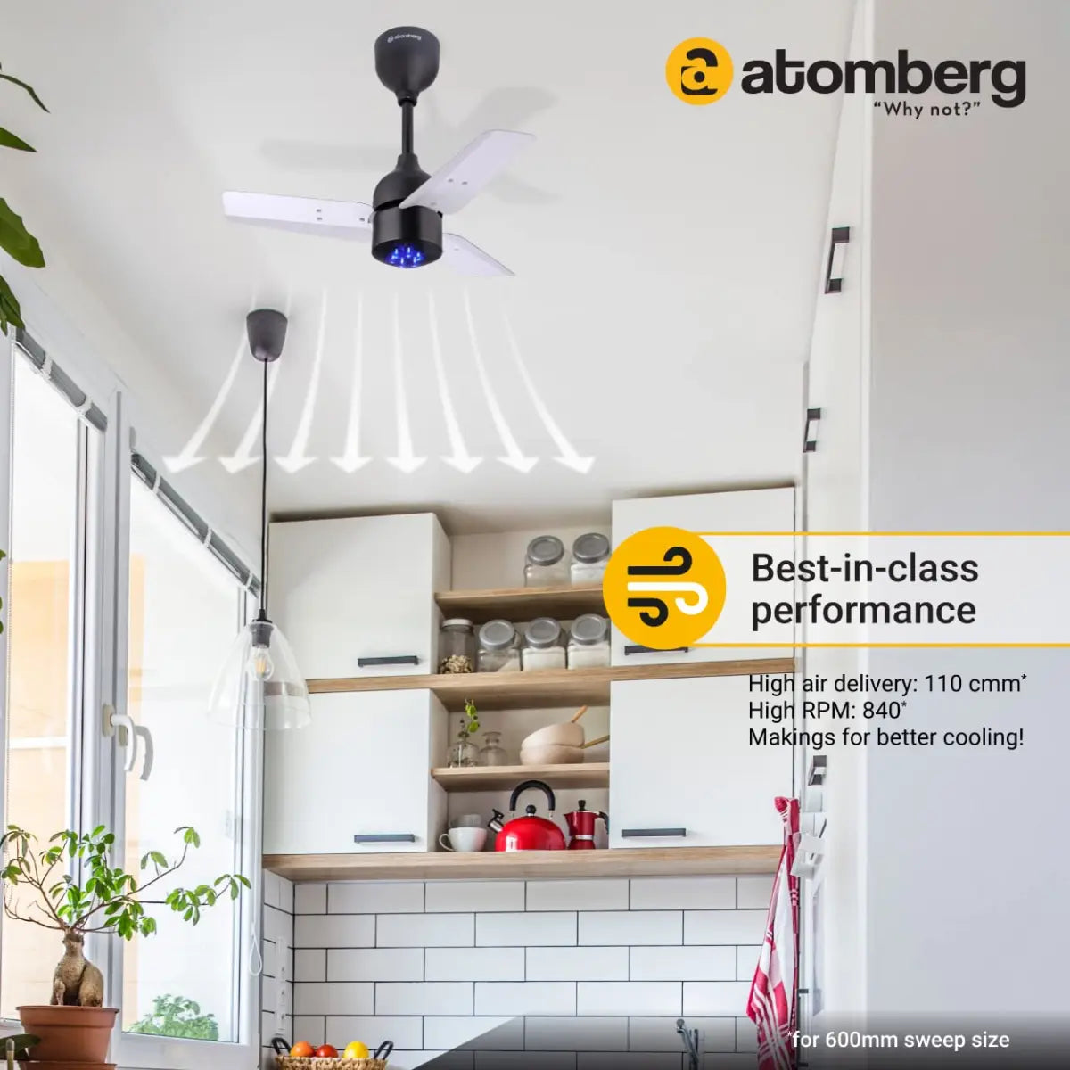 atomberg Renesa 600mm BLDC motor Energy Saving Ceiling Fan with Remote Control (White Black)