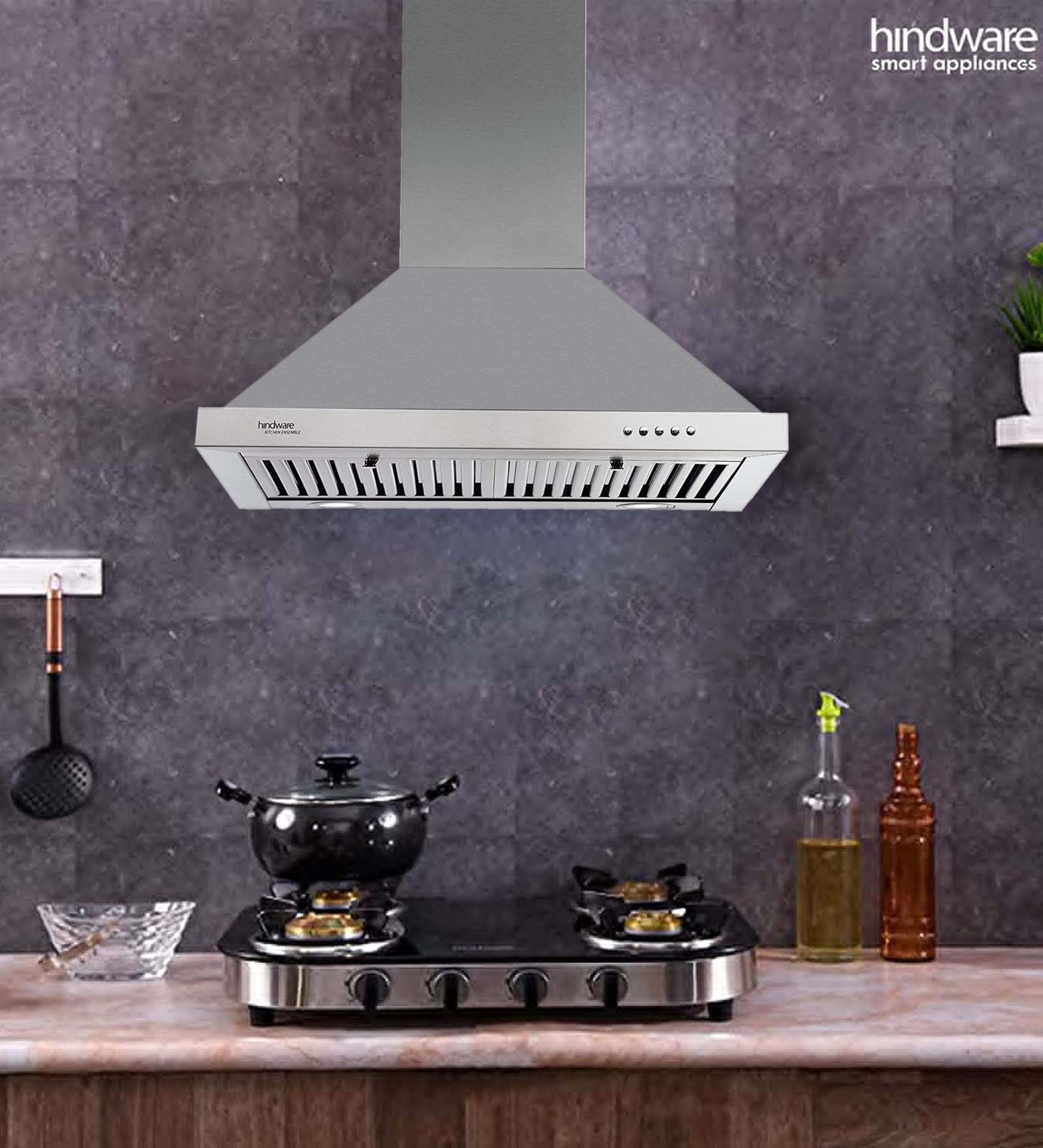 Hindware 60cm 1000 m3/hr Chimney (Blaze SS 60, 2 Baffle Filters, Steel/Grey)