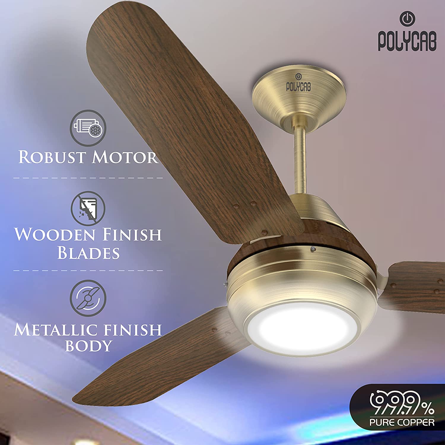 Polycab Superia SP01 Super Premium 1200 mm Underlight Designer Ceiling Fan With Remote, Built-in 6 Colour LED Light and 2 years warranty (Antique Brass Darkwood)