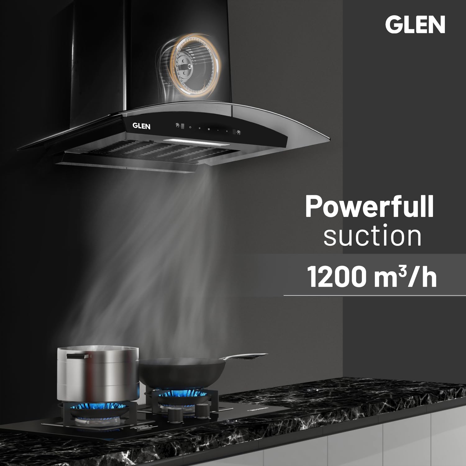 GLEN 60 cm 1200m3/hr Auto-Clean Filterless Curved Glass Kitchen Chimney With Motion Sensor+Touch Controls (Senza Black)