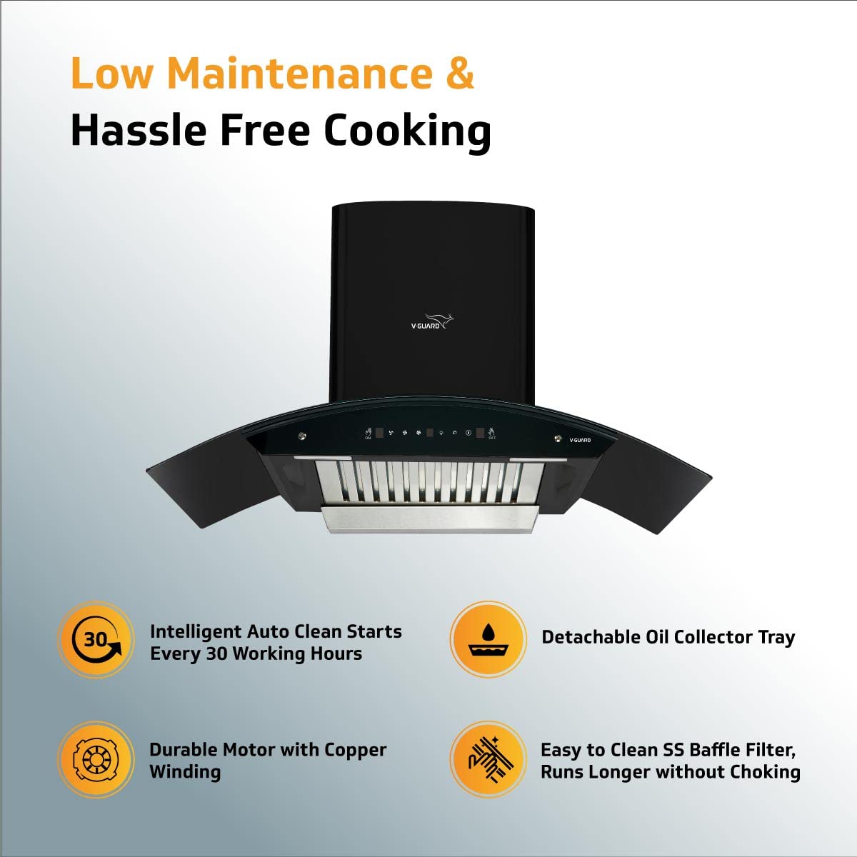 V-Guard A20 BL180 Kitchen Chimney with 1200m³/hr Suction, Intelligent Auto Clean, Curved Glass, Baffle Filter, Motion Sensor Controls, Oil Collector Tray, LED Light (Black)