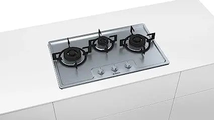 Bosch Built in Gas Hob Stainless Steel Glass 3 Burner Auto Ignition 70 cm 2 Mini Triple Ring Brass Burner and 1 Double Ring Brass (PMD83D51NX)