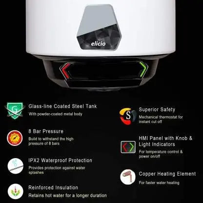 Hindware Atlantic 15 L Storage Water Geyser (Elicio, White, Black)