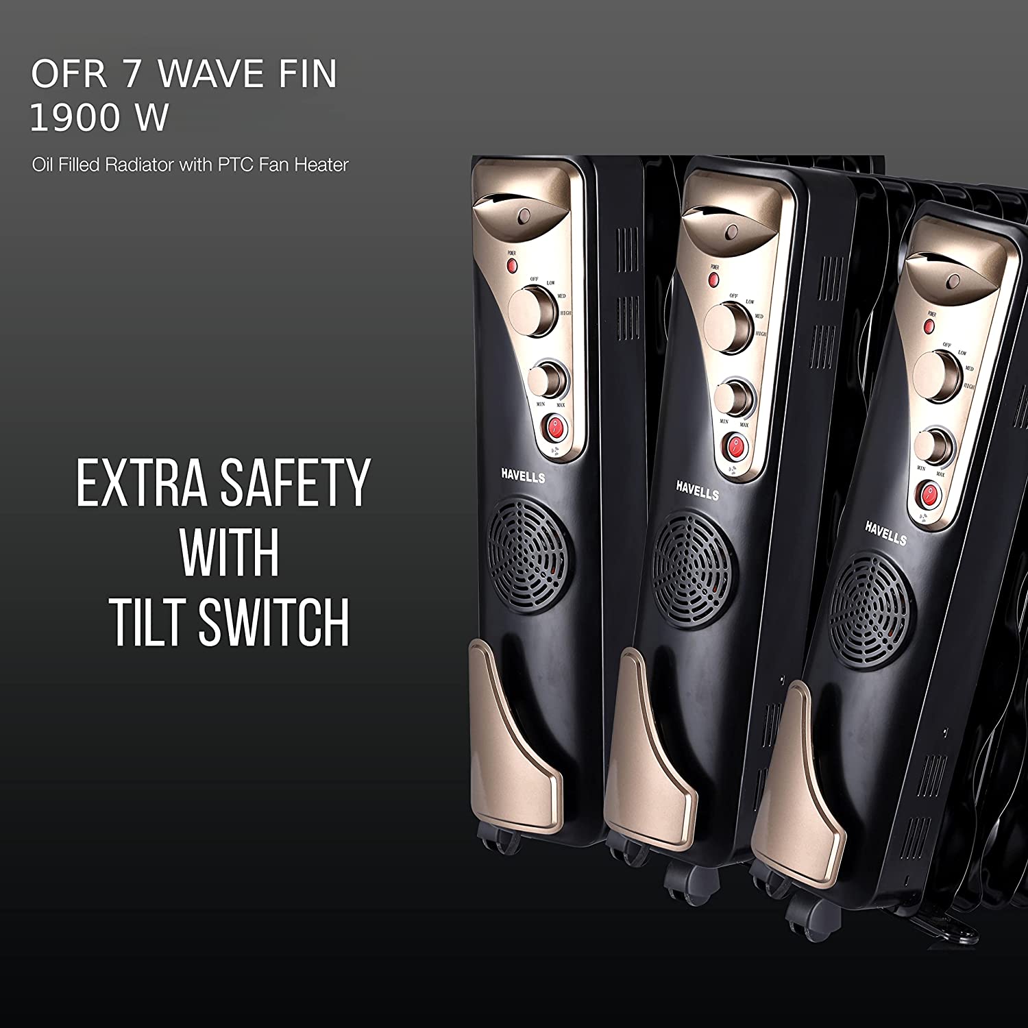 Havells OFR 7 Wave Fins with Fan 1900 watt (Black),GHROFBYK190