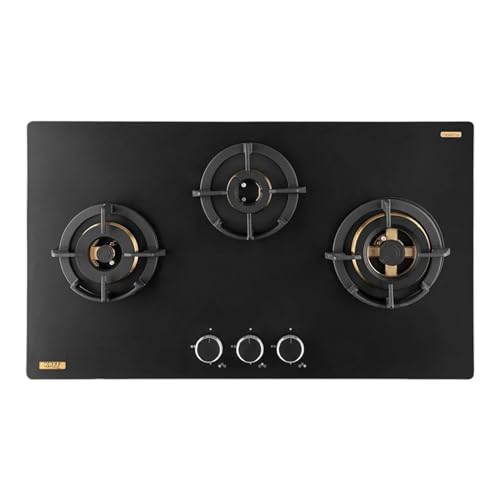 KAFF MSM 783X | Full Brass Burners | Flame Failure Device | Premium Frosted Black Glass With Decorative SS Moulded Strip | Ergonomic Designer Metal Knobs | 3 Burner (Black)