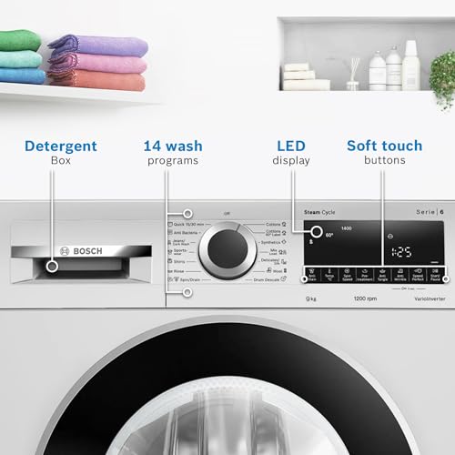 Bosch 9kg 5 Star Anti Stain & AI Active Water Plus Fully Automatic Front Load Washing Machine with Built in Heater (WGA14200IN, Pretreatment & Steam with Anti Bacteria and 5 Star Inverter, Wh