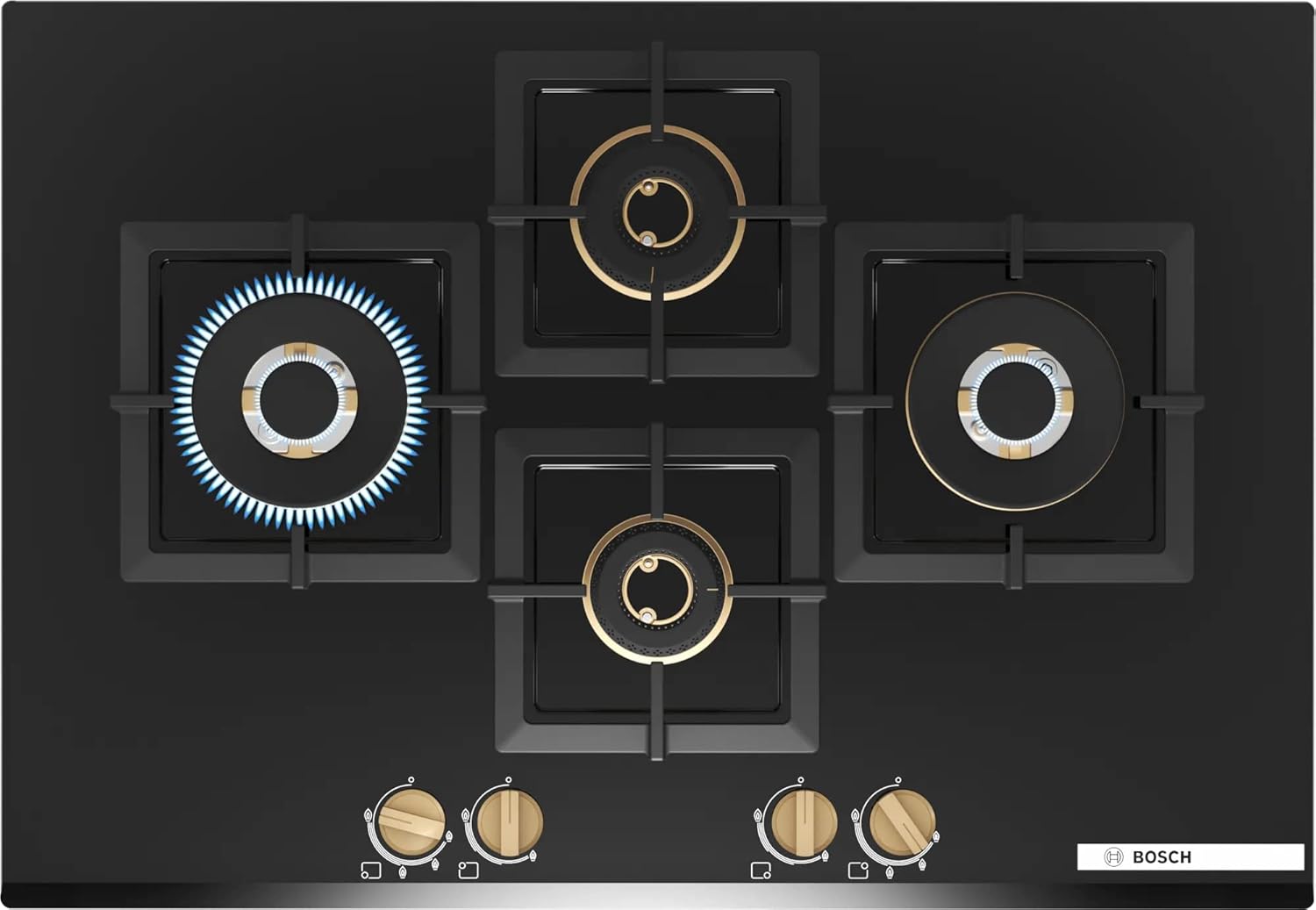Bosch PNI7B6G20I 75cm Gas Hob with Black Tempered Glass, 4 Burners & Auto Ignition