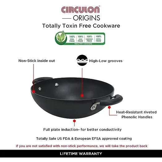 Meyer Circulon Origins Non-Stick Aluminium Kadhai with Lid 30cm Black