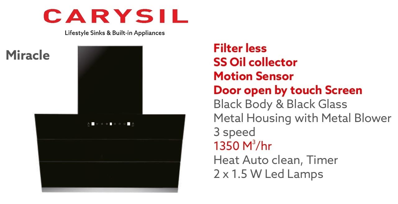 Caysil Miracle 60 cm Auto Clean Filterless Hood Wall Mounted Kitchen Chimney, Suction Capacity 1350 m³/hr - Black