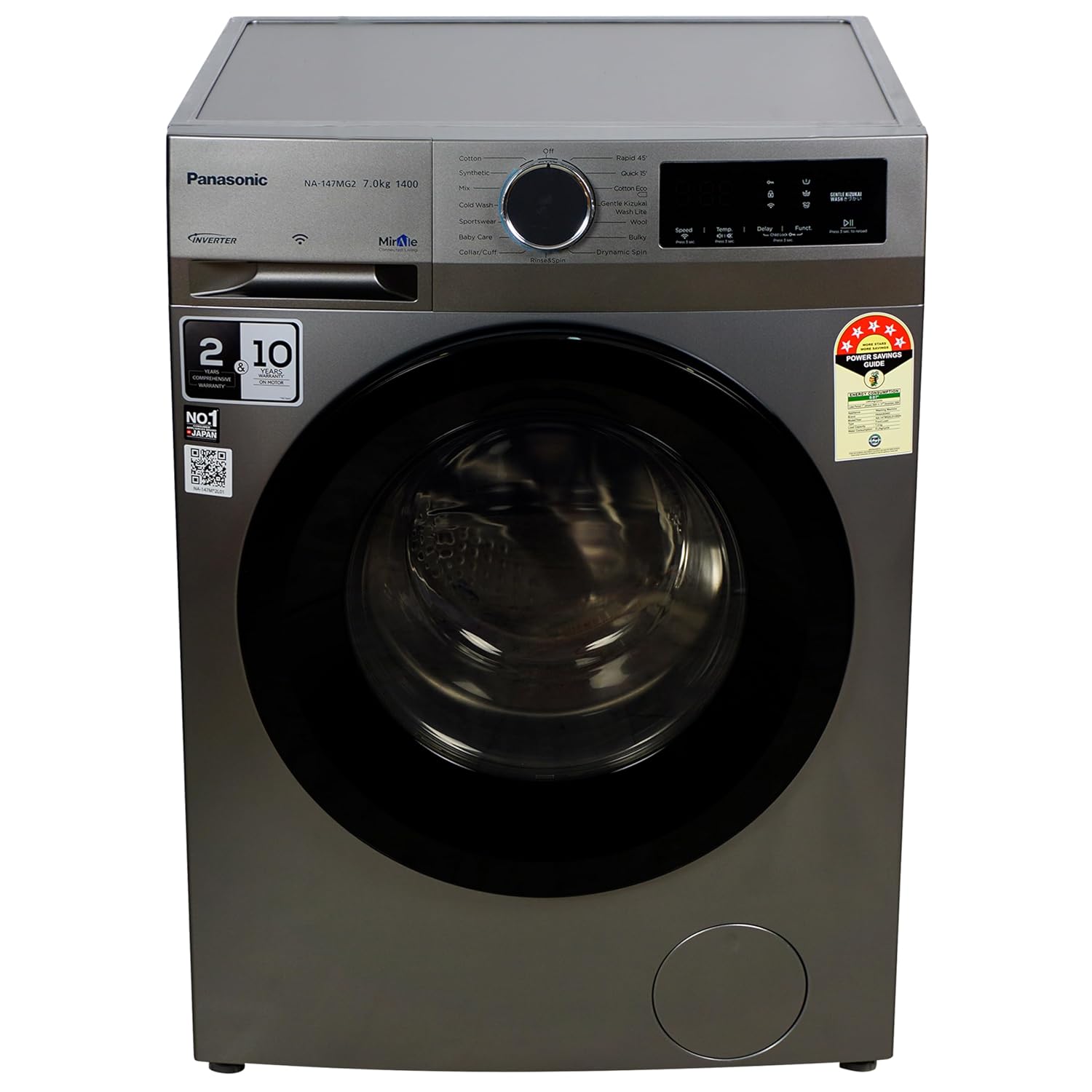 Panasonic 7kg 5-Star Inverter Fully Auto Front Load Washer w/ Built-In Heater, 15 Wash Prog, 1400 RPM (NA-147MG2L01, Dark Silver 2024)