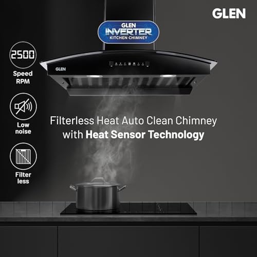 Glen 90 cm 1600 m3/hr BLDC Filterless Autoclean Kitchen Chimney with Heat Sensor (Fabia BLDC BLACK 90cm)