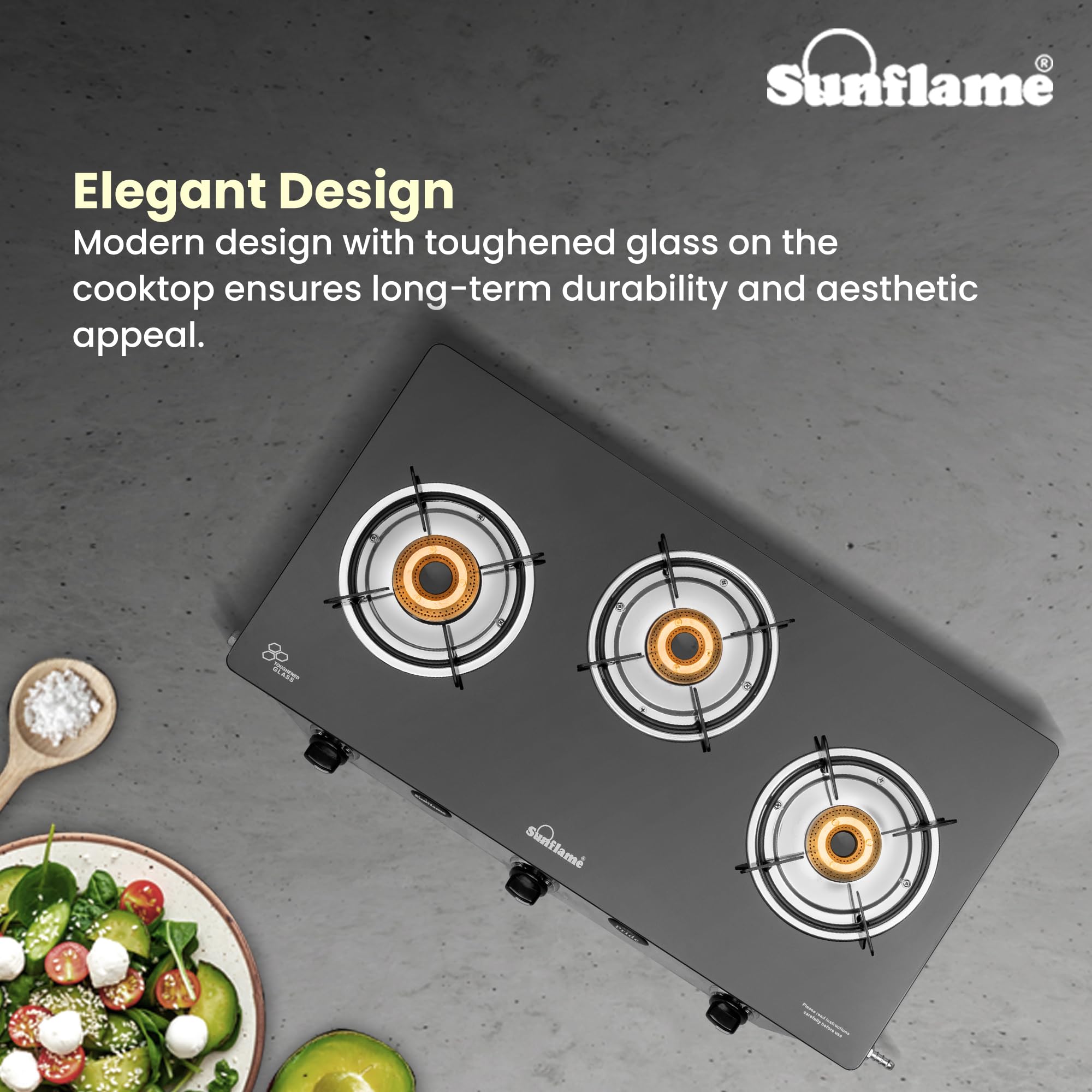 Sunflame Pride 3 Burner Gas Stove | 2 Small and 1 Medium Brass Burners | 2-Year Product Coverage by Sunflame| Ergonomic Knobs | Easy to Maintain l Toughened Glass Top | PAN India Presence