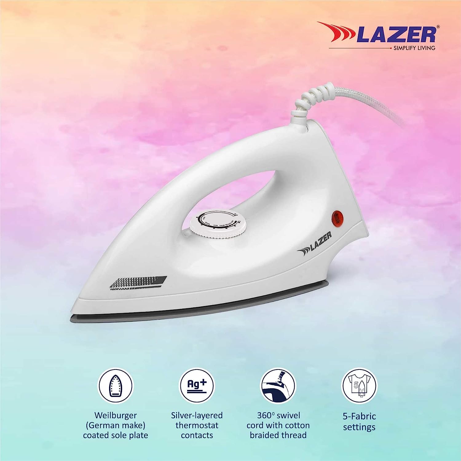 Lazer 1000 Watts Ultra PTFE Sole plate Dry Iron (white)