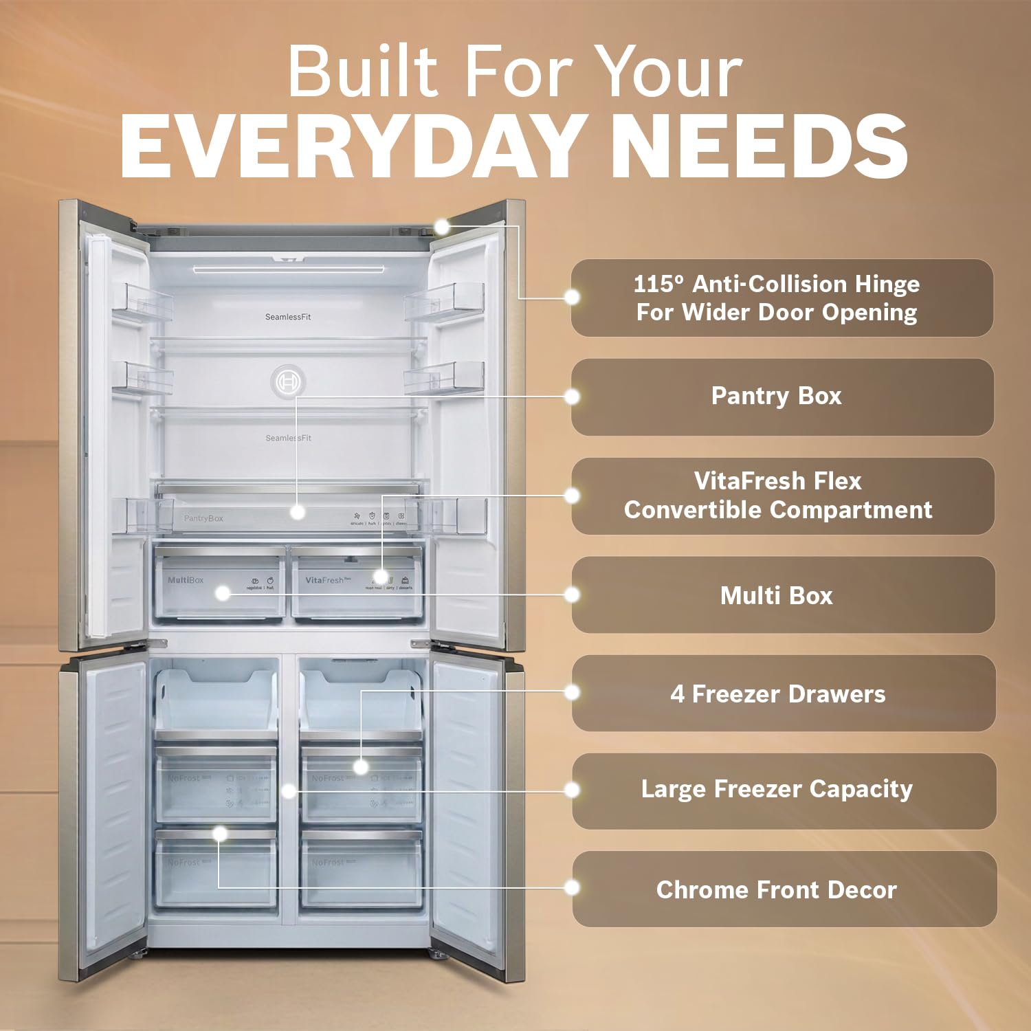 Bosch 503L 4-Door Side-by-Side Refrigerator KCP88E256I, Frost Free, 4 Doors