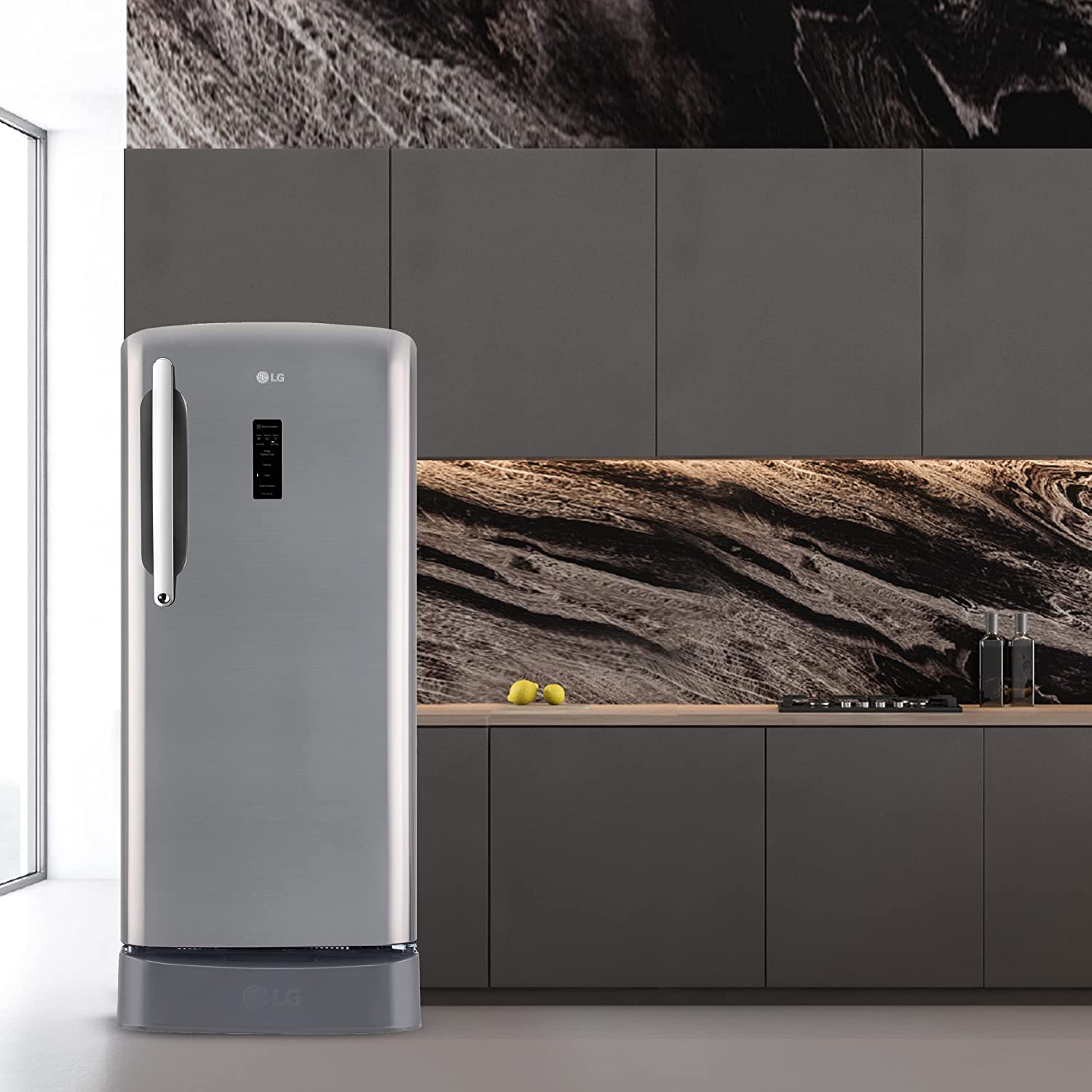 LG 201 L 5 Star Inverter Direct-Cool Single Door Refrigerator (GL-D211CPZU, Shiny Steel, Base stand with drawer)