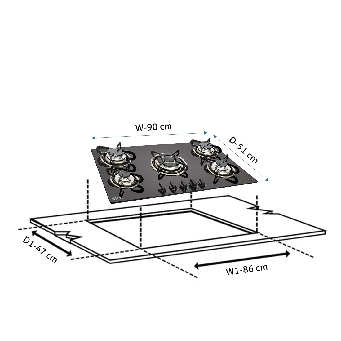 Glen 5 Burner Built-in Glass Hob 1095 SQ DB TR FFD (Flame Failure Device)