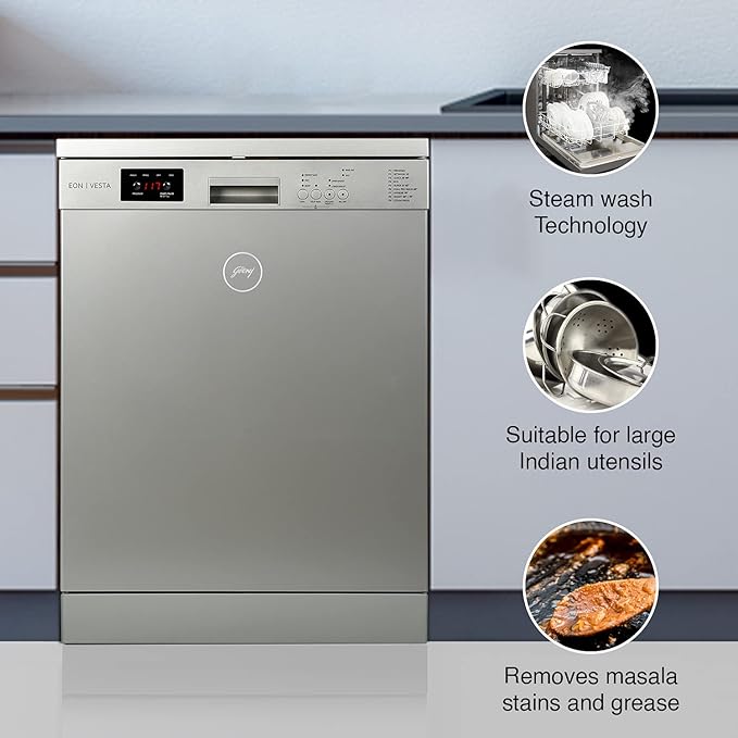 Godrej Eon Dishwasher | Steam Wash Technology |13 place setting |Perfect for Indian Kitchen| A+++ Energy rating | DWF EON VES 13Z SI STSL- Satin Silver