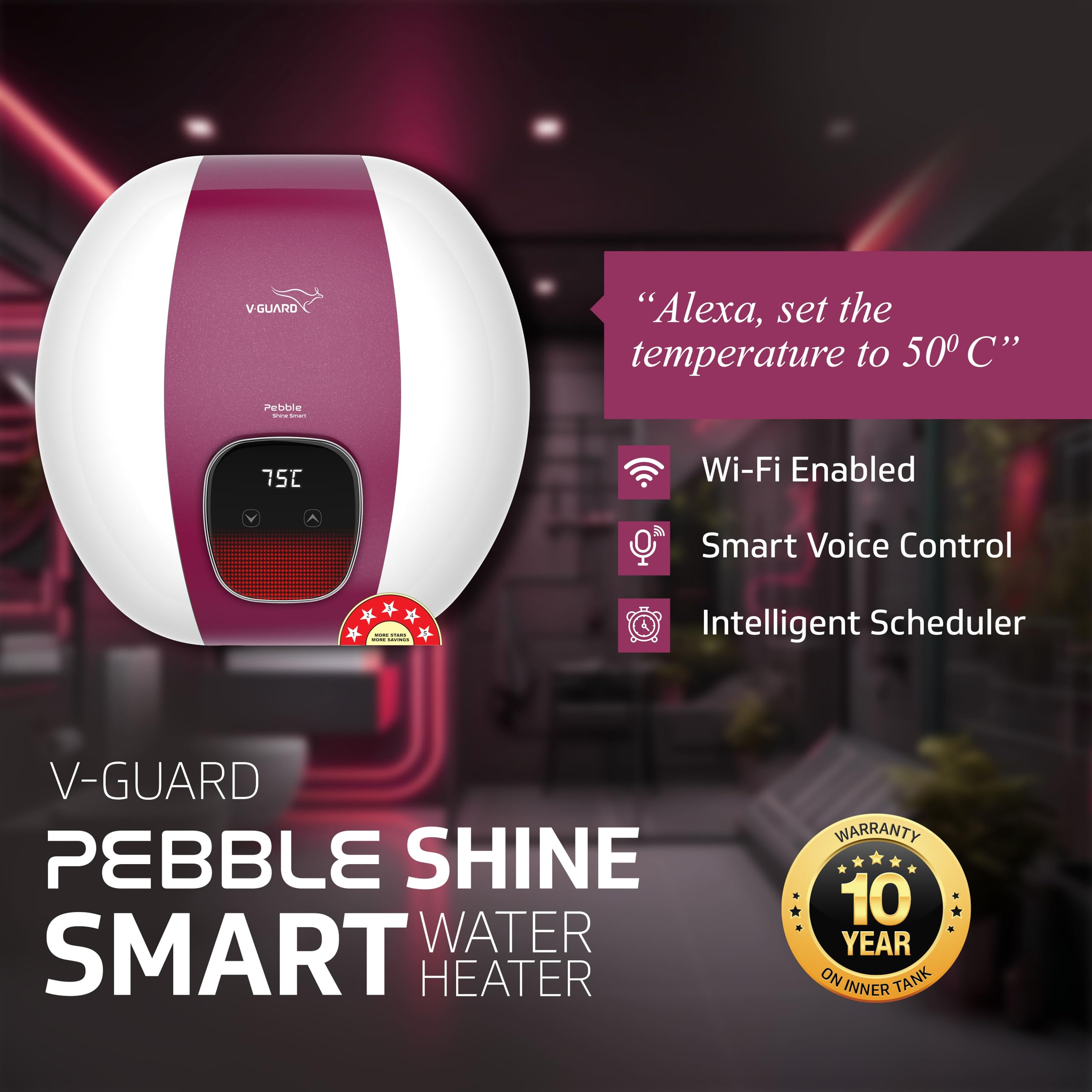 V-Guard Pebble Shine Smart Geyser 15 Litre Water Heater With WiFi Connectivity|Wall Mount|Voice Control Using Google And Alexa|Bee 5 Star Rating|Free Pan India Installation&Connection Pipe,Mu