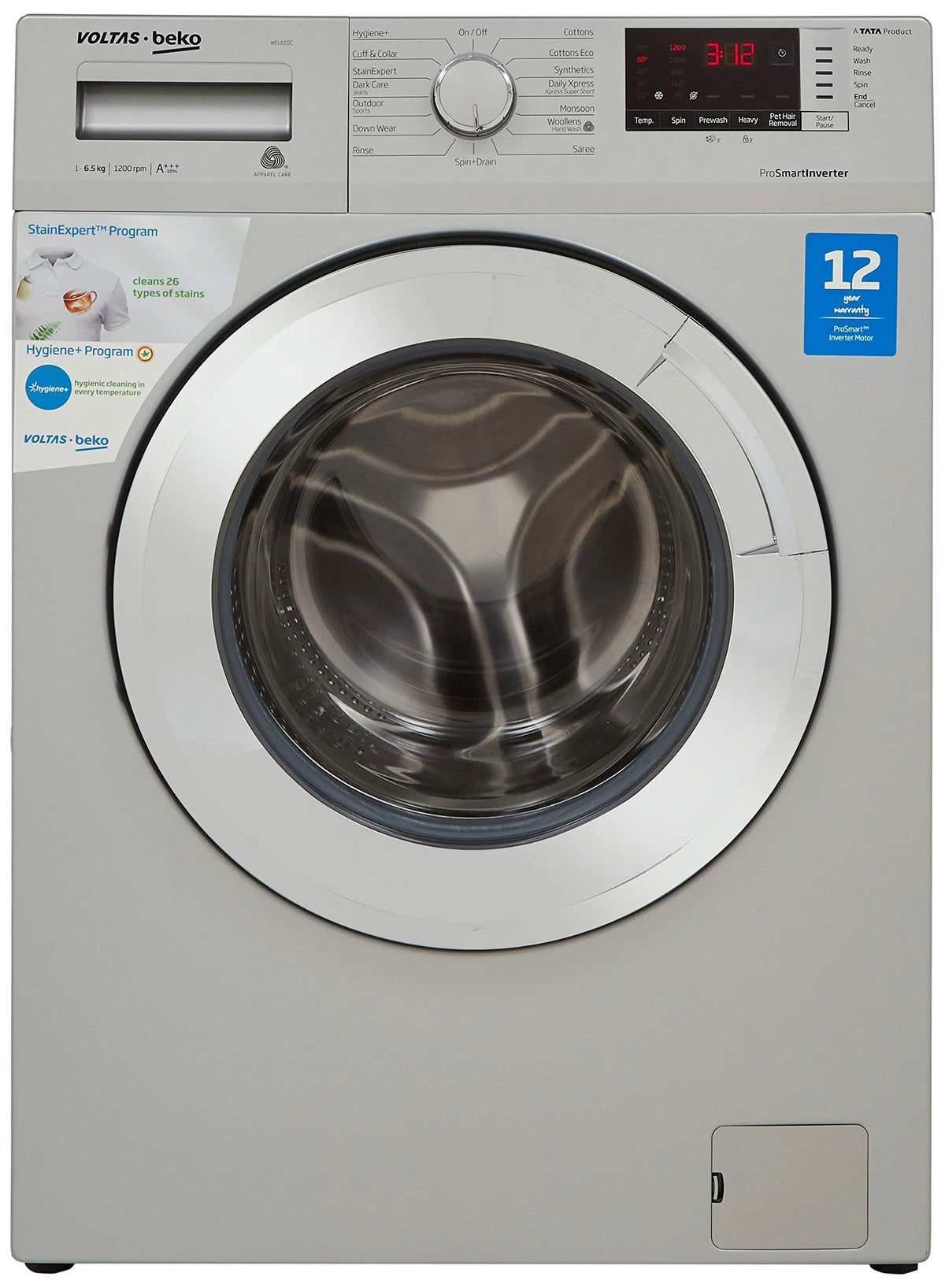 Voltas Beko 6.5 Kg Inverter Fully-Automatic Front Loading Washing Machine, Inbuilt Heater, 26 Stain Remover (WFL65SC, Silver Body, Chrome Door)