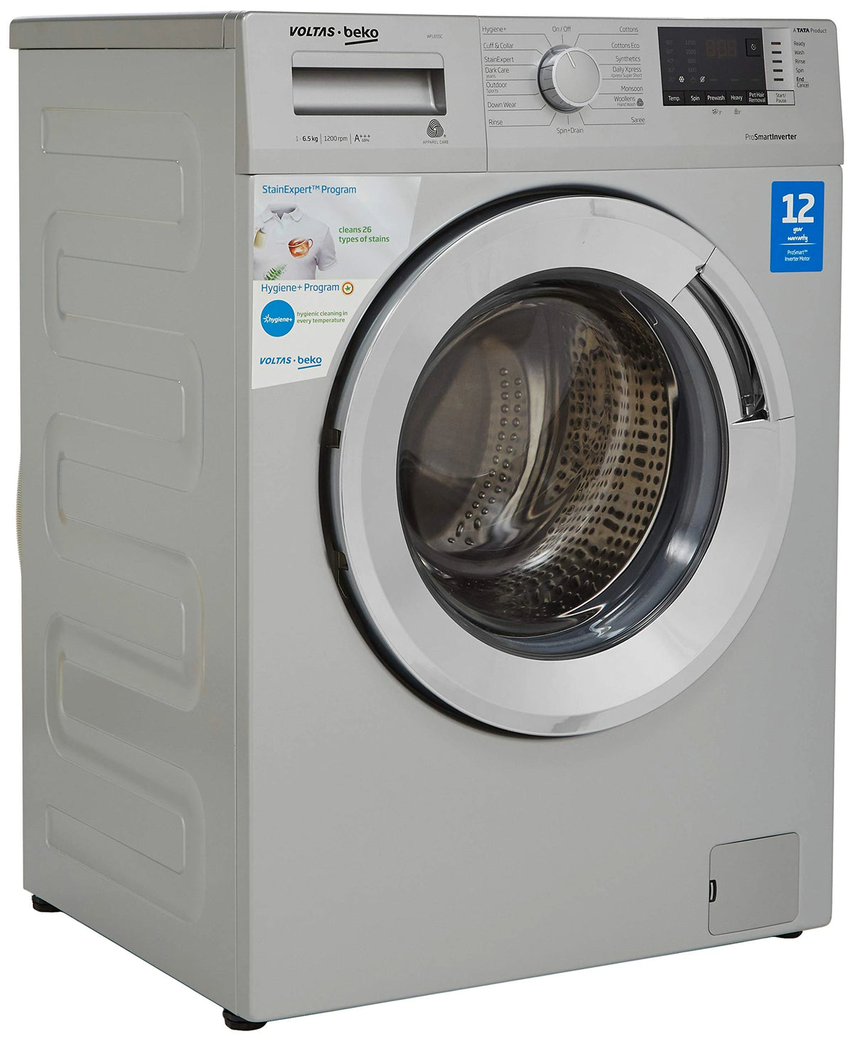 Voltas Beko 6.5 Kg Inverter Fully-Automatic Front Loading Washing Machine, Inbuilt Heater, 26 Stain Remover (WFL65SC, Silver Body, Chrome Door)