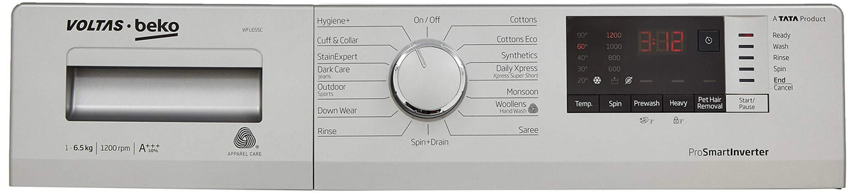 Voltas Beko 6.5 Kg Inverter Fully-Automatic Front Loading Washing Machine, Inbuilt Heater, 26 Stain Remover (WFL65SC, Silver Body, Chrome Door)