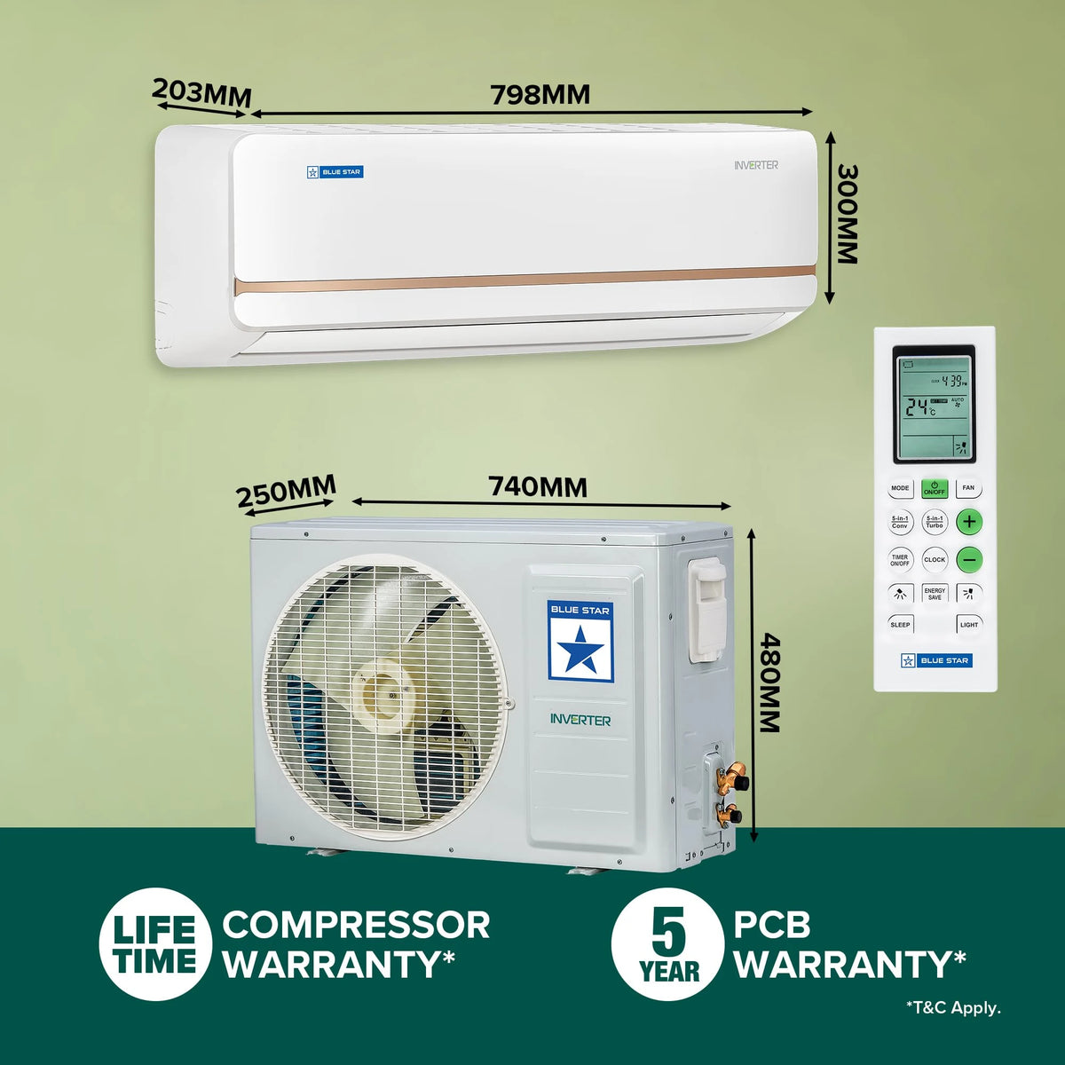Blue Star 0.8 Ton 3 Star, Inverter Split AC (Copper,Convertible 5 in 1 Cooling, Multi Sensors, Dust Filter Blue Fins, Self Diagnosis, IA309TNU, White)