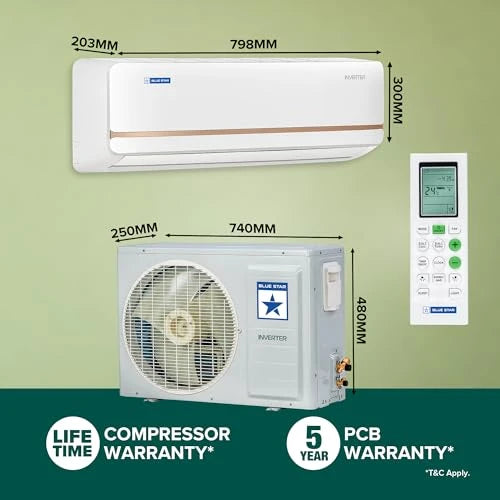 Blue Star 0.8 Ton 3 Star, Inverter Split AC (Copper,Convertible 5 in 1 Cooling, Multi Sensors, Dust Filter Blue Fins, Self Diagnosis, IA309TNU, White)