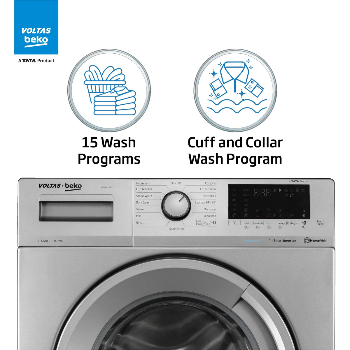 Voltas Beko 6.5kg, Inverter, 5 Star Front Load Washing Machine (WFL6512VTSS, Silver), Steam Wash,Stain Expert