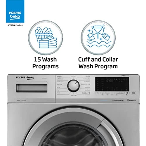 Voltas Beko 6.5kg, Inverter, 5 Star Front Load Washing Machine (WFL6512VTSS, Silver), Steam Wash,Stain Expert